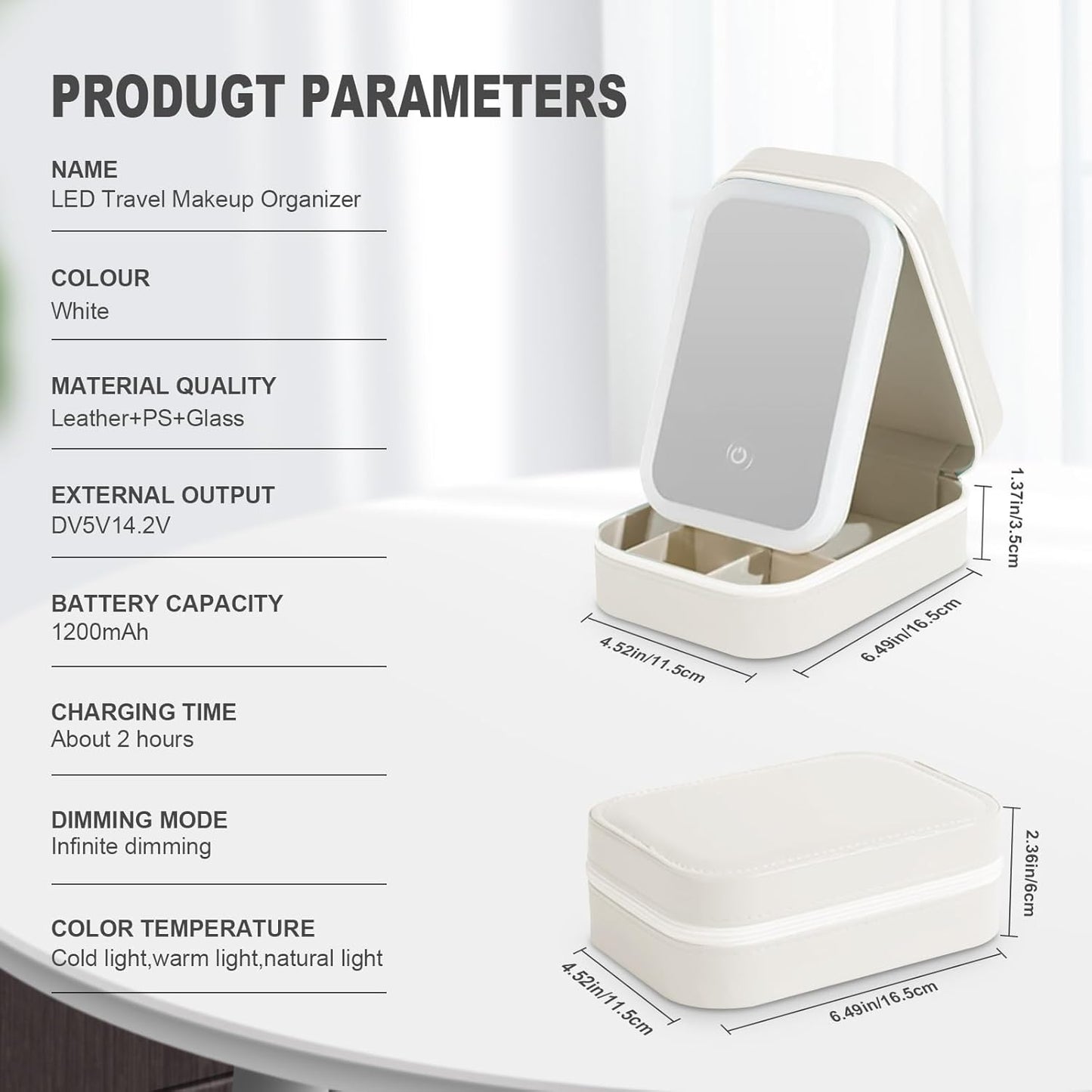 GlowCase Jewelry/Makeup Box with LED Mirror (White)