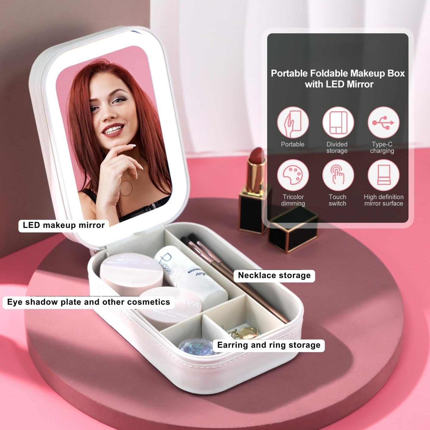 GlowCase Jewelry/Makeup Box with LED Mirror (White)